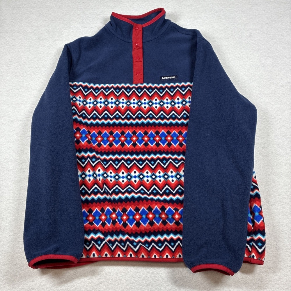 Lands' End Women's XL Heritage Fleece Blue Red Nordic Snap Pullover Fair Isle